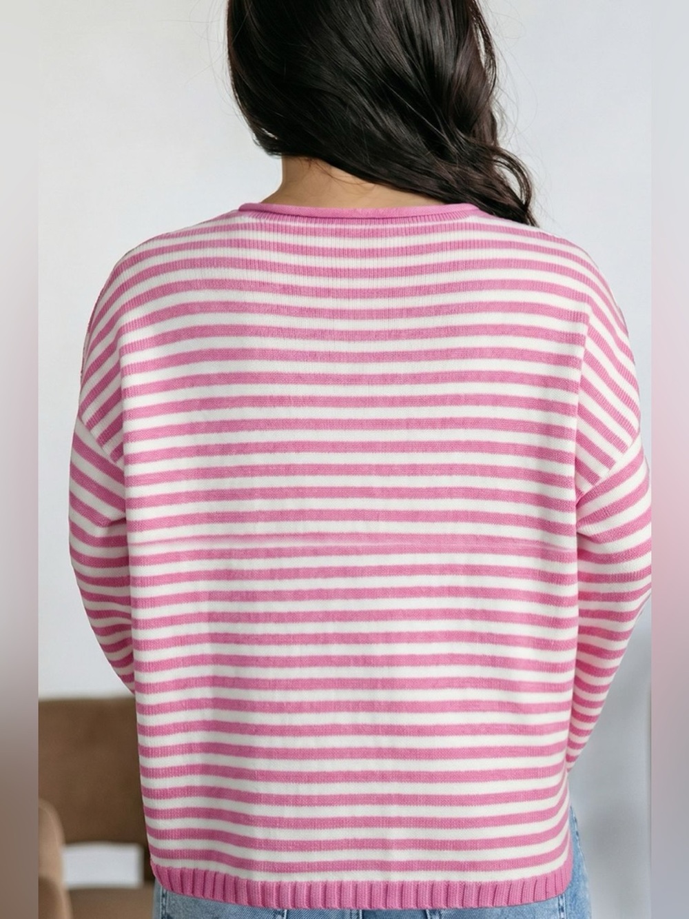 Striped Button Placket Drop Shoulder Long Sleeve Sweater - Picture 5 of 16